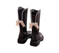 Stivali invernali da ragazza, alla moda, alti e impermeabili, in pelle, foderati termici, suola antiscivolo, stivali lunghi da principessa con fiocco, per la scuola, comode scarpe per bambini, 02 Nero