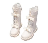 Stivali invernali da ragazza, alla moda, alti e impermeabili, in pelle, foderati termici, suola antiscivolo, stivali lunghi da principessa con fiocco, per la scuola, comode scarpe per bambini, bianco