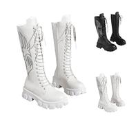 Stivali larghi da donna con tacco sopra il ginocchio, stivaletti con lacci, piatti, antiscivolo, a blocco, lungo, in pelle, eleganti e impermeabili, bianco, 39 EU