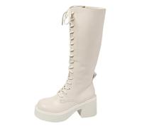 Stivali Lunghi Da Donna Tacco Grosso Fondo Spesso Cerniera Laterale Tacchi Alti Festa Di Nozze Stivali Al Ginocchio(Beige,35)