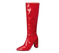 Stivali Lunghi Donna in Pelle Verniciata Punta Tonda Tacco Largo Stivali al Ginocchio per Streetwear Autunno Inverno & Tempo Libero Finitura Lucida,Rosso,36 EU