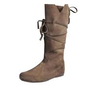 Stivali medievali da donna, in pelle, stile retrò, da cowboy rinascimentale, unisex, con lacci vichinghi, in similpelle, da uomo, per Halloween, cachi, 35 EU