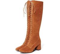 Stivali Medievali Vintage con Tacco Alto - Renaissae Stivali Cosplay Medievali - Stivali Alti retrò da Donna Stivali al Ginocchio Stringati Festival Larp Scarpe per Cosplay, Brown, 38 EU