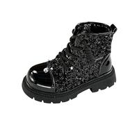 Stivali per bambini con glitter alla moda con paillettes da principessa, arioso e alto, in morbida pelle PU, con cerniera laterale e suola antiscivolo per la primavera e l'autunno, Bk, 33 EU