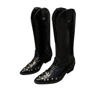 Stivali punk da donna, stivali da cavaliere retrò a punta con tacco basso a blocco, stivali al ginocchio in pelle largo, stivaletti alti da lavoro, eleganti a pois, versatili scarpe alla moda, Nero