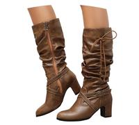 Stivali Retrò A Metà Polpaccio Stivaletti Con Tacco A Blocco Da Donna Stivali Classici Con Fibbia In Metallo Tacchi Alti In Pelle PU for Feste Scarpe Alla Caviglia Con Cerniera Laterale(Brown,36 EU)