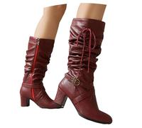 Stivali Retrò A Metà Polpaccio Stivaletti Con Tacco A Blocco Da Donna Stivali Classici Con Fibbia In Metallo Tacchi Alti In Pelle PU for Feste Scarpe Alla Caviglia Con Cerniera Laterale(Red,39 EU)