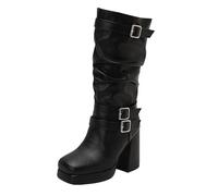 Stivali Retrò Da Donna, 10 Cm Stivaletti Comodi Con Tacco A Blocco E Fibbie Stivali Da Mezza Stagione Con Testa Quadrata Stivali Da Equitazione Per Il Tempo Libero Taglia Grande,Nero,36 EU