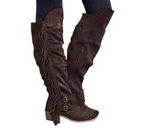 Stivali sopra il ginocchio, da cowboy con frange, stivali western da donna, in pelle scamosciata, stivali lunghi al ginocchio, stivali da equitazione, da lavoro, invernali, caffè, 43 EU