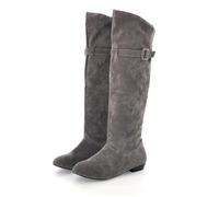 Stivali sopra il ginocchio, da donna, in pelle, impermeabili, da cavaliere, stile vintage, con fibbia per cintura, con gambo lungo, con tacco a blocco, grigio., 40 EU