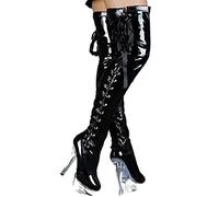 Stivali sopra il ginocchio elastici alla moda da donna Stivali alti sexy in tinta unita con nastri Stivali da donna con tacco alto trasparenti di grandi dimensioni 15 cm adatti per sfilate da palcosce