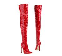 WOkismD Stivali sopra Il Ginocchio Stivali di Vernice Lucida Stivali da Coscia Sexy Stivali da Pole Dance Stivali A Punta Stiletto,Rosso,36 EU