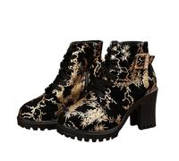 Stivali Stringati da Donna Taglie Forti Stivaletti Gotici con Fibbie Stivaletti Biker con Cerniere Scarpe alla Caviglia con Tacco Largo Tacchi Alti in Camoscio retrò for Autunno,Inverno(Gold,37 EU)