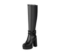Stivali Taglie Grandi Con Patchwork In Pizzo Eleganti Boots Al Ginocchio Da Donna Con Tacco Largo Tacchi Alti Con Plateau E Fiocchi Stivali Da Equitazione In Pelle PU Con Cerniera(Black,36 EU)