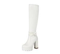 Stivali Taglie Grandi Con Patchwork In Pizzo Eleganti Boots Al Ginocchio Da Donna Con Tacco Largo Tacchi Alti Con Plateau E Fiocchi Stivali Da Equitazione In Pelle PU Con Cerniera(White,37 EU)