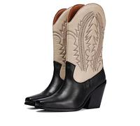 Stivali tipo cowboy in pelle nera e off-white con dettaglio ricamato da donna herlev