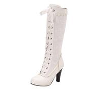 Stivali Tradizionali Con Tacco Boots Lunghi Da Donna Con Cerniera Stivali Retrò Medievali Con Lacci Tacchi Alti Con Punta Tonda In Pelle PU for Feste Scarpe Invernali Taglie Forti(White,38 EU)