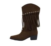 Stivali western da donna con frange, stivaletti da donna, in pelle, con tacco piccolo, da cowboy, classici, per il tempo libero, per esterni, tinta unita, alla moda, Western, marrone, 42 EU