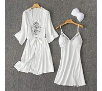 STJDM Camicia da Notte,2 Pezzi Set Accappatoio per Giovane Donna Scava Fuori Set Sonno Kimono Accappatoio Abito da Notte in Pizzo Sexy Vestaglia in casa Abito da toeletta XL Bianco