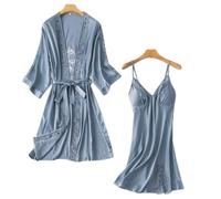 STJDM Camicia da Notte,2 Pezzi Set di Accappatoi per Giovane Signora Scava Fuori Set da Notte Kimono Accappatoio Abito da Notte in Pizzo Sexy Abito da Sera in Raso Abito da toeletta L Blu