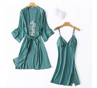 STJDM Camicia da Notte,2 Pezzi Set di Accappatoi per Giovane Signora Scava Fuori Set da Notte Kimono Accappatoio Abito da Notte in Pizzo Sexy Abito da Sera in Raso Vestaglia per la casa XL Lago Blu