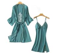 STJDM Camicia da Notte,2 Pezzi Set di Accappatoi per Giovane Signora Scava Fuori Set da Notte Kimono Accappatoio Abito da Notte in Pizzo Sexy Abito da Sera in Raso Abito da casa M Lago Blu