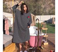 STJDM Camicia da Notte,Camicie da Notte Donna Autunno Manica Lunga 4XL Camicie da Notte Ricamo a Righe Stile Coreano Kawaii Elegante Trendy Oversize Chic L Blu Scuro