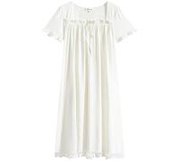 STJDM Camicia da Notte,Indumenti da Notte in Cotone da Donna Camicia da Notte Bianca Vintage Manica Corta con Lacci Camicie Lunghe Abbigliamento da Notte L Bianco