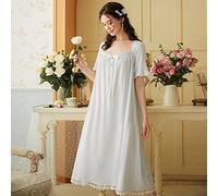 STJDM Camicia da Notte,Indumenti da Notte in Cotone da Donna Vintage White Night Dress Manica Corta Lace Up Camicie Lunghe Abbigliamento da Notte M LightBlue