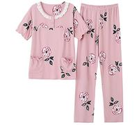 STJDM Camicia da Notte,Pigiami con Stampa Floreale Estiva Set da Donna Plus Size Pigiama da Notte in Cotone Pigiama Manica Corta O-Collo Pigiama Femminile XXXL TM9201