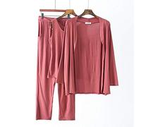 STJDM Camicia da Notte,Set Pigiama 3 Pezzi Nuove Donne Pijama Indumenti da Notte Morbidi Estate Autunno Gilet Modale + Pantaloni + Cardigan Donna Lingerie Sexy Abiti da casa Allentati L Brickred