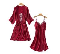 STJDM Set 2 Pezzi Camicia da Notte e Accappatoio per Giovane Signora, Kimono Scava Fuori in Pizzo Sexy, Abito da Casa in Raso, XL Borgogna