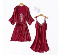 STJDM Set 2 Pezzi Camicia da Notte e Accappatoio per Giovane Signora, Kimono Scava Fuori in Pizzo Sexy, Abito da Casa in Raso, XL Borgogna