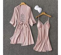 STJDM Set di 2 Pezzi Camicia da Notte e Accappatoio per Giovane Signora, Kimono Scava Fuori in Pizzo Sexy, Abito da Sera in Raso, Taglia M, Rosa