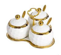 STmea Zuccheriera da golf in porcellana con coperchio, cucchiaio e vassoio, set di 3 vasetti per condimenti moderni per spezie, bianco e oro