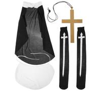 STOBAZA Set Costume Religiosa Halloween Donna Nero, Cappello, Collare e | Calze Sopra Ginocchio, Tessuto Leggero Riutilizzabile, per Cosplay Party e Evento