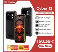 [Stock in UE] Telefono robusto HOTWAV Cyber 13 10800mAh 8GB 128GB Smartphone 150LM Torcia elettrica 6.6'' HD+ 64MP Android 14 Cellulare Cyber 13 Black