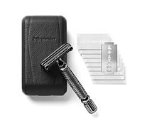 Störtebekker® Rasoio di Sicurezza in astuccio in pelle fatto a mano [con 10 lamette Störtebekker] Set di rasatura effetto vintage - Rasoio a umido di prima qualità - rasoio barba uomo (Nero - Nero)