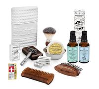 Störtebekker Set completo Rasoio - incl. pennello, sapone da barba, ciotola, olio da rasoio, lame, asciugamano, pietra di allume, olio barba, pettine e spazzola (Rasoio (argento) - Custodia (caffè))