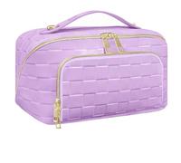 stona Travel Makeup Bag for Women, Large Capacity PU Leather Waterproof Checkered Cosmetic Bags, Portable Pouch Open Flat Toiletry Bag, Make up Organizer with Divider and Handle, Purple