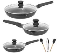 Stone&Stone Set 3 padelle 20cm 24cm 28cm estremamente antiaderente induzione gas | alluminio e acciaio padella professionale batteria | rivestimento tedesco + 3 coperchi 3 utensili priva di PFAS