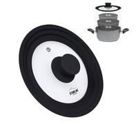 STONELINE 3 in 1 Coperchio Universale per Pentole e Padelle da 16/18/20 cm Coperchio in vetro Universale con Bordo in Silicone Platino Graduato, Resistente al Calore, Salvaspazio, 3 Misure, Nero