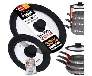 STONELINE 3 in 1 Coperchio Universale Set 2 Pezzi per Pentole e Padelle da 16/18/20 e 24/26/28 cm Coperchio in vetro Universale Bordo Silicone Platino Graduato, Resistente al Calore, 6 Misure, Nero