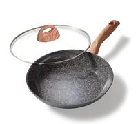 STONELINE CERAMIC Grande padella in ceramica con coperchio, 28 cm, adatta a induzione, antiaderente con particelle di pietra, senza PFAS, per tutti i piani cottura e forno, manico effetto legno