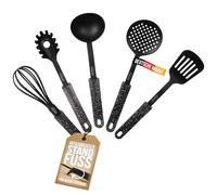 STONELINE Set di 5 utensili da cucina in nylon con pratico supporto, resistenti al calore per padelle e pentole antiaderenti, accessori da cucina igienici con ripiano integrato, nero