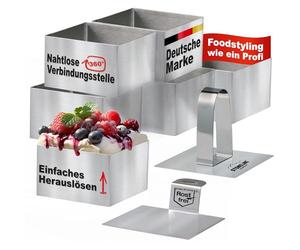STONELINE Set di Coppapasta 8 Pezzi, Anelli per Torte 8x8 cm, Altezza 5 cm, in Acciaio Inox, Quadrato, Pressa Stantuffo Paletta Base, Stampo Rettangolare Coppa Pasta per Torte Dessert Mousse Alimenti