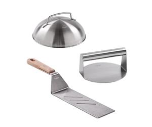 STONELINE Set per Smash Burger 3 Pezzi, Pressa per Hamburger Spatola Coperchio in Acciaio Inox, Stampo per Smash Burger Polpette, Antiaderente, Lavabile in Lavastoviglie, Piastra Piatta Griglia