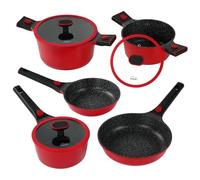 STONELINE SMART Set Pentole e Padelle 8 Pezzi, Pentole Induzione Alluminio Pressofuso con Coperchio Manico Rimovibile, Tutti i Tipi di Piani Cottura, Antiaderente con Vere Particelle di Pietra, Rosso