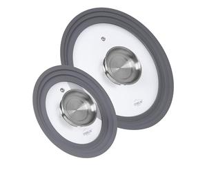 STONELINE Universal Glasdeckel Set, 2-Teilig, mit Silikonrand Aromaknauf, für 16/18/20 und 24/26/28 cm Coperchio in Vetro, Grigio