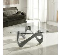 STONES HOME FURNITURE, Tavolino Salotto Moderno con Base in Pietra Fossile Gray Stone e Top in Vetro Triangolare, Modello Tetris, Colore Grigio, 100 x 100 x h 42 cm